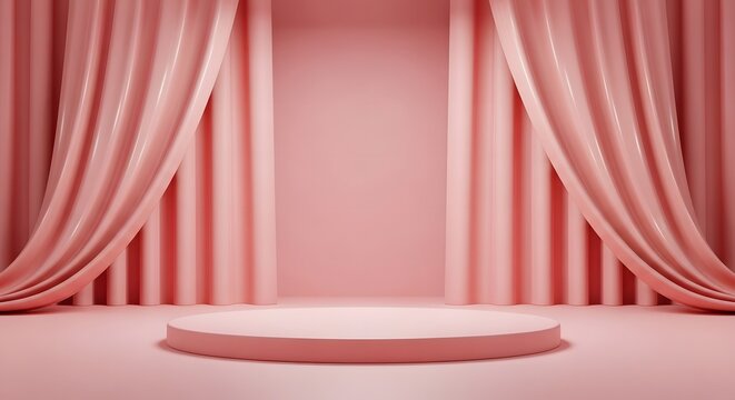 A pink stage with a round platform and curtains