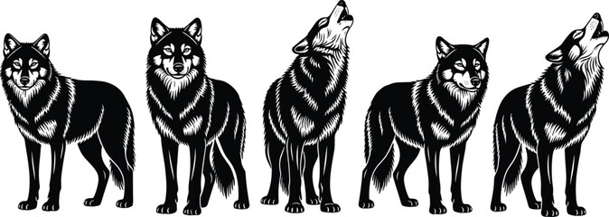 Black and White Wolf Vector Set Featuring Howling and Standing Wolves in Hand Drawn Engraving Woodcut Style for Wildlife Design © MDNASIR