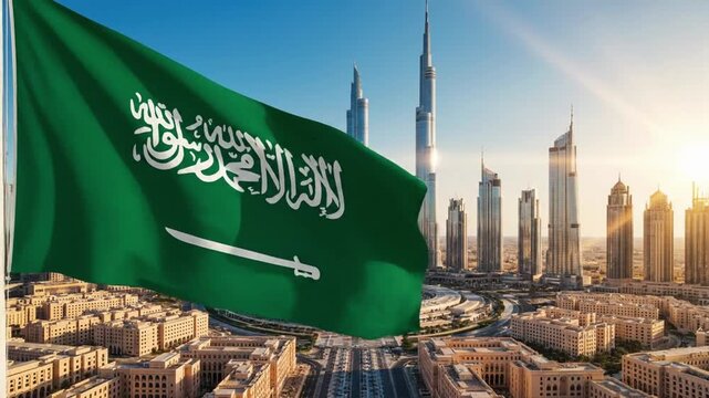 Saudi flag flies in Dubai skyline with tall buildings and sunset view in the background