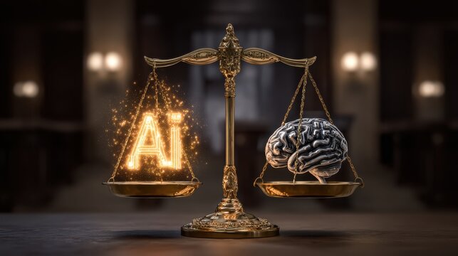 Gold balance scales hold glowing "AI" text on one side and a realistic human brain on the other, symbolizing the tension between artificial and human intelligence.