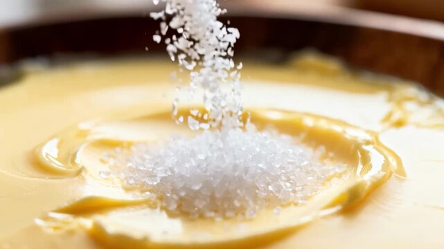 Closeup medium shot of fine salt gently poured into softened butter emphasizing smooth integration and seasoning precision in culinary preparation.
