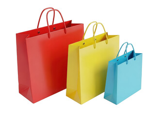 Three colorful shopping bags in red, yellow, and blue isolated on transparent background
