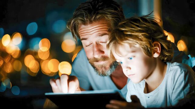 Father and child using a tablet at bedtime with parental controls and screen time limits, cozy night home lighting