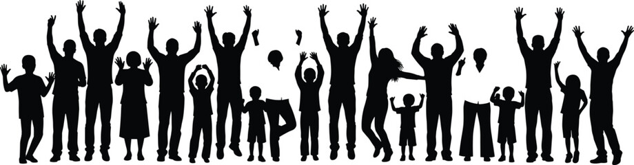 Black silhouette of children standing in a row including boys and girls in profile view isolated on a white background