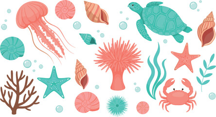 Cute ocean sea life illustration with jellyfish turtle crab starfish coral and shells colorful flat vector design for marine education and beach themed projects © MstNazma