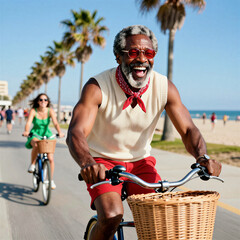 Joyful cycling along palm-lined beachside path on sunny day