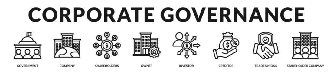Obraz premium Corporate governance concept illustrating ownership structure, regulatory oversight, and responsible enterprise accountability. in Lineal Icon Style