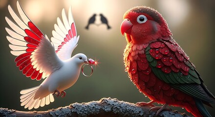 Lovebirds Exchange Wedding Ring in Romantic Sunrise, Symbolic of Eternal Love and Commitment