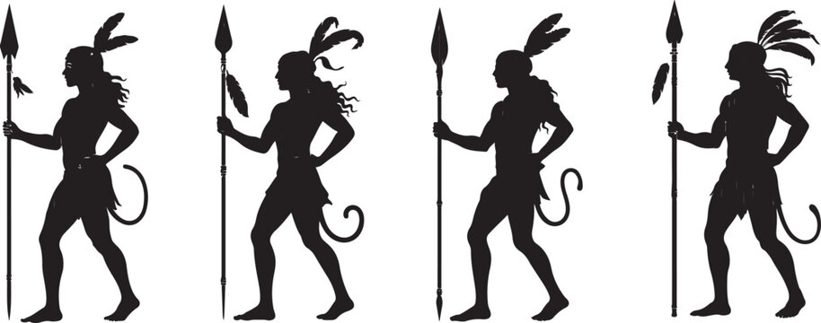 Four Silhouettes of Native American Figures Holding Spears