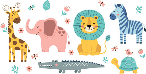Fototapeta premium Cute wild and zoo animals set with giraffe, elephant, lion, zebra, crocodile, and turtle illustrated in friendly flat vector style for kids design