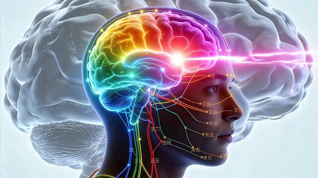Human brain with colorful neural pathways