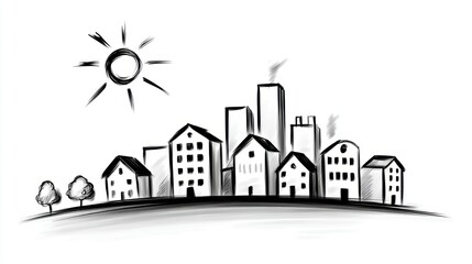 Cityscape with houses and trees on hilltop scenic view of urban dwellings and verdant foliage situated atop an elevated landform