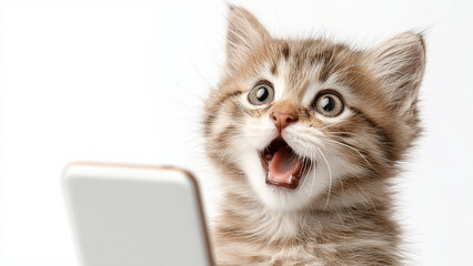 Smartphone shocked meme cat with copy space on white background cat-meme_1108