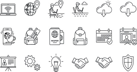Fototapeta premium Print Minimalist Digital Nomad and Freelance Business Icon Set Featuring Remote Workspace Connectivity Travel Logistics and Collaborative Professional Symbols
