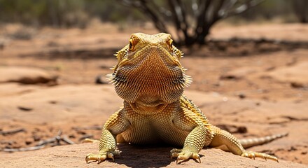 A scaly reptile basks on a rock in a dry, sunlit wilderness.