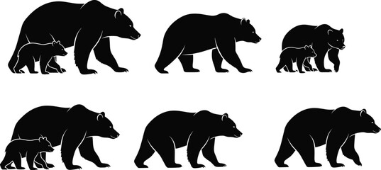 Bear silhouette family collection showing adult and cub walking poses isolated on white background for wildlife illustration nature branding and logo design © Azom