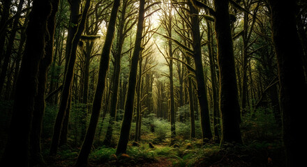 Fototapeta premium Mysterious forest with sunlight filtering through trees creating a serene atmosphere in a natural setting with tall trunks and green foliage