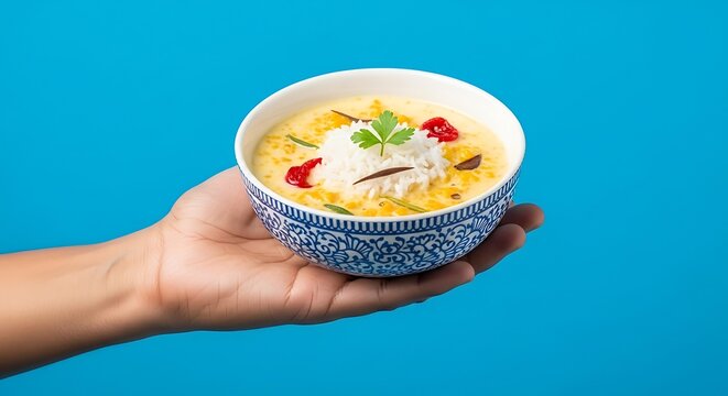 hand holding a kheer dessert bowl