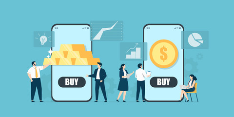 A group of investors using mobile apps to buy gold bars and coins. Features financial data charts, pie graphs, and a clean flat aesthetic representing digital asset management.