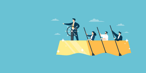 A businessman leader at the helm of a golden boat pointing forward while his diverse team rows together. Flat vector showing leadership, cooperation, and success.