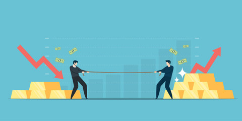 Two businessmen in a tug of war competition over stacks of gold bars, featuring red arrow down and up trends with falling money, representing financial market volatility and gold investment.