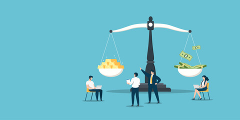Business people comparing the value of gold and currency on a balance scale, financial investment.