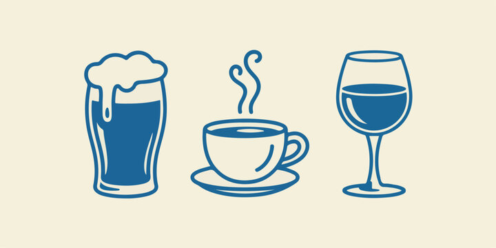 Glass of beer, cup of coffee and glass of wine, selection of popular beverages for relaxation or celebration