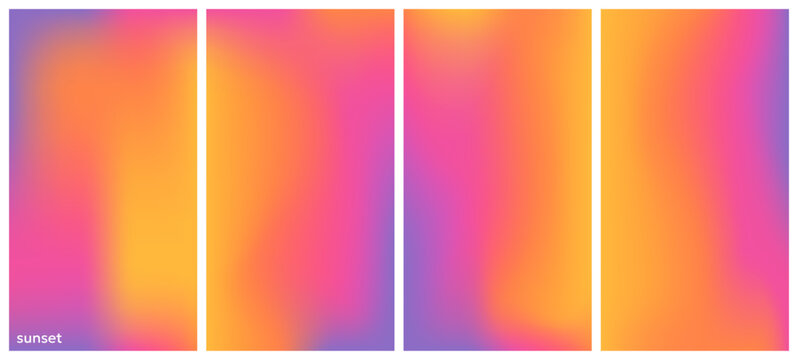 Sunset blur gradient background set. Modern  backdrops with warm mesh gradation in yellow, orange, pink, violet colors.