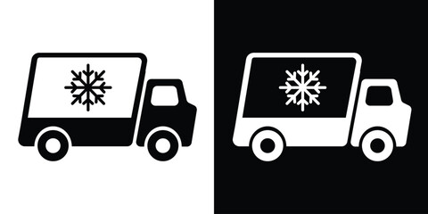 Refrigerated transport truck icon. Cargo van featuring a snowflake symbol for cold chain logistics. Minimalist black and white vector art for frozen food delivery and climate-controlled shipping. © bibin