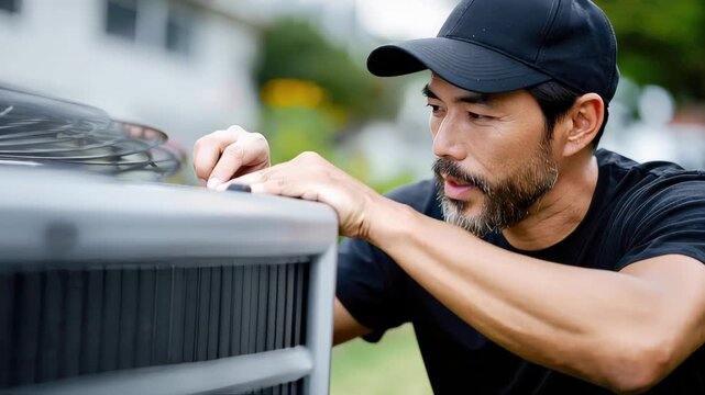 HVAC technician servicing an outdoor heat pump unit in the city, close-up repair and maintenance concept