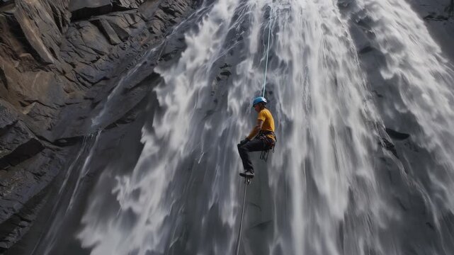 Climber with helmet and harness abseiling down strong waterfall. Man grips rope tightly on wet rock. Adventure climber moves through extreme waterfall flow. Helmet protects climber in rope descent.