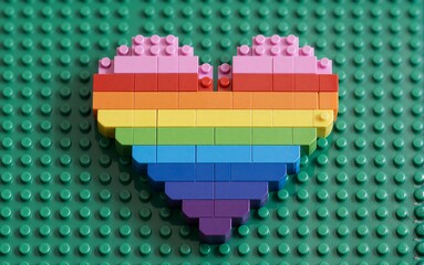 Fototapeta premium Rainbow heart made of Lego bricks on green baseplate symbolizing love