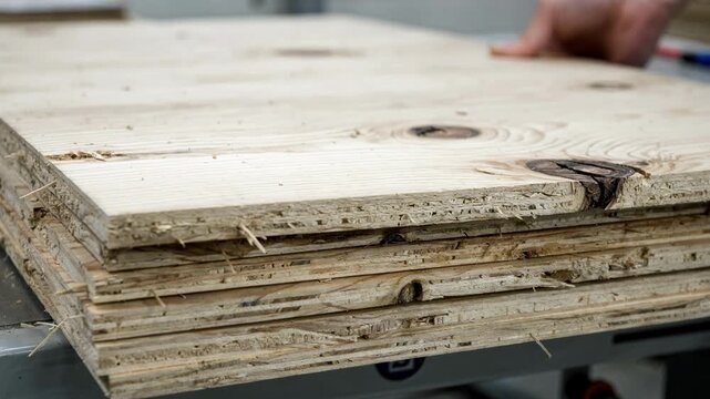 Closeup medium shot of plywood sheets being graded for appearance quality focusing on surface texture and visual defects under bright inspection lighting.