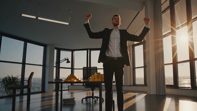 Winner businessman stands near gold. Entrepreneur and investor raise hands. Executive leader shows power. Champion manager and achiever feel victory. Millionaire and winner stand proud.