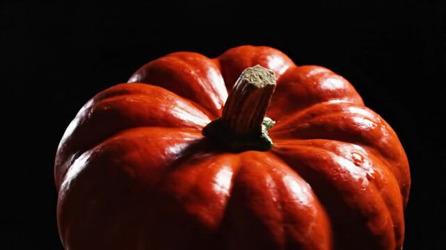 Close-up of a vibrant orange pumpkin with a textured surface and stem against a stark black backdrop