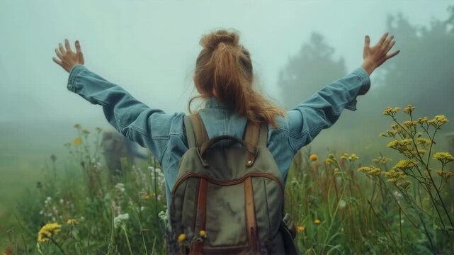 A girl with a backpack spreads her arms wide in a field, embracing freedom and nature, inspiring the creation of travel posters or atmospheric backgrounds for travel blogs.
