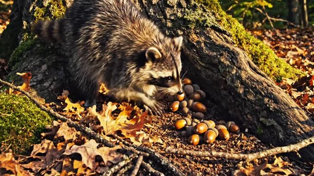 Cute raccoon descends from tree to collect acorns amidst golden autumn leaves in natural forest setting