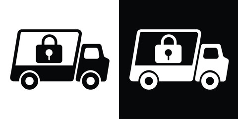 Secure shipping and armored delivery truck icon. Features a cargo van with a large padlock symbol. High-contrast vector graphics in black and white for privacy and protected logistics. © bibin