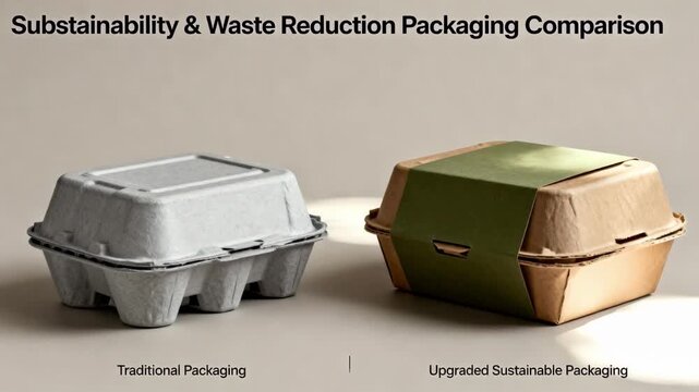 Medium shot comparing traditional and upgraded packaging types side by side on the line illustrating improvements in sustainability and waste reduction.