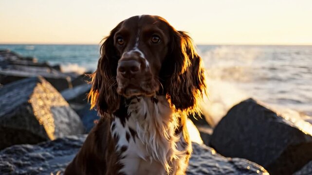 Beautiful brown and white English springer spaniel dog sits on rocks near the ocean at sunset