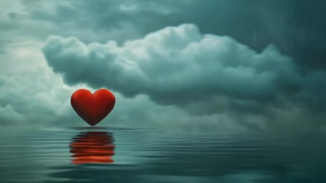 A scarlet heart symbol sinks into stormy waves under a thunderous sky, illustrating the climate crisis and environmental threats, which will enhance the visual impact of posters promoting environmenta