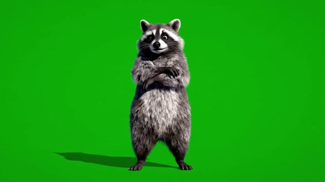Raccoon dances happily on a green background while waving its paws in a fun and playful way