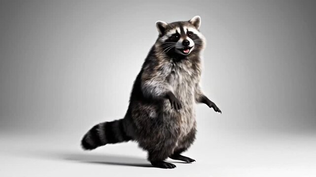Raccoon dances in a studio with a plain background, showing off movements and gestures in an entertaining way