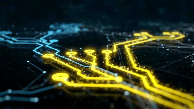 Glowing blue circuit board connections map  in technology