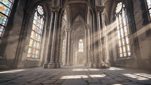Gothic architecture with stained window fills hall interior. Beam of sunlight cuts through dust in old ruin. Interior of abandoned structure shows gothic hall design with dust and sunlight beam