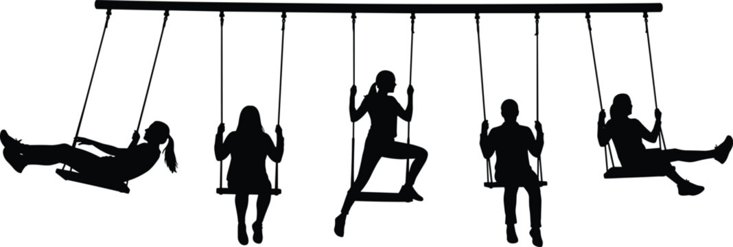 Black silhouette of five young women and girls swinging on a playground set isolated on white background enjoying summer fun, freedom, and friendship together