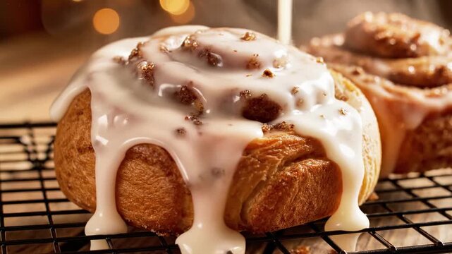A close-up shot of a sweet pastry being drizzled with white icing on a cooling rack