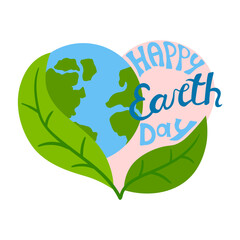 Vibrant Earth Day illustration featuring a heart-shaped composition with planet cradled by green leaves. Hand-drawn lettering reads Happy Earth Day, promoting environmental conservation and ecology.