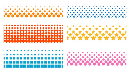 Collection of six horizontal halftone border seamless patterns featuring geometric shapes. These vibrant dividers in orange, blue, red, yellow, and pink use dots, stars, and squares.