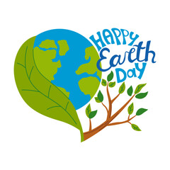 Bright Earth Day concept featuring a heart-shaped composition with planet growing from a tree branch with green leaves. Stylized Happy Earth Day lettering text promotes environmental care.